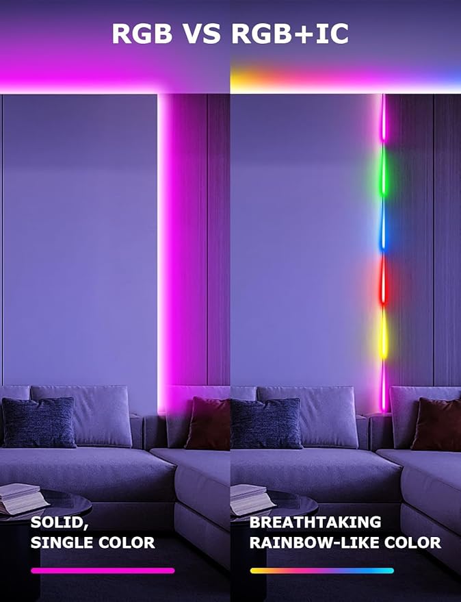 50FT LED Strip Lights, RGB+IC LED Lights for Bedroom Supports Color Changing, Music Sync, Timer Function, Bluetooth Rope Light APP and IR Control for Room Decor