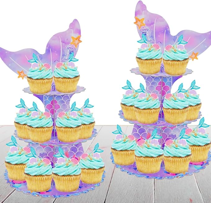 MRPAPA 2Pack Mermaid Cupcake Stand, 3 Tier Party Decorations Mermaid Theme Cupcake Holder Baby Shower Cup Cake Holder Birthday Dessert Stand