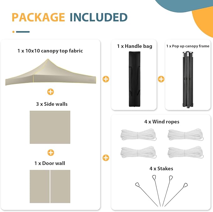 COBIZI 10x10 Pop Up Heavy Duty Canopy Tent with 4 Sidewalls, Easy Setup Outdoor Commercial Instant Tent for Parties Events Canopy with Portable Bag, Waterproof & UPF50+ (Khaki)