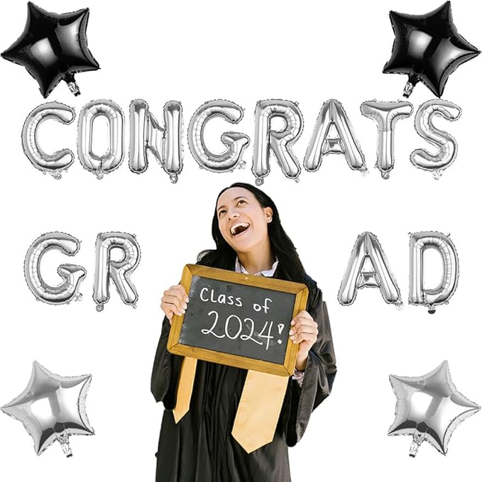 CONGRATS GRAD Silver Black Balloon Gift Set - Perfect Graduation Gift - Complete 19-Piece Party Kit with 16ā Letters + 18" Stars - Ready-to-Give Celebration Package 2026
