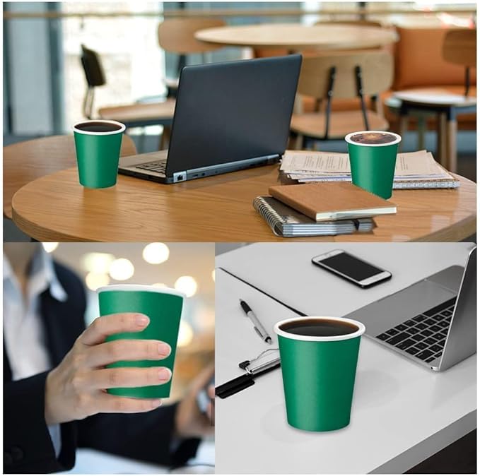 75 Pack 8 oz Disposable Coffee Cups, Paper Hot Cups, Beverage Cups Suitable for Home, Kitchen, Office, Paper Cups for Birthday Parties, Outdoor Campings and DIY (Green)