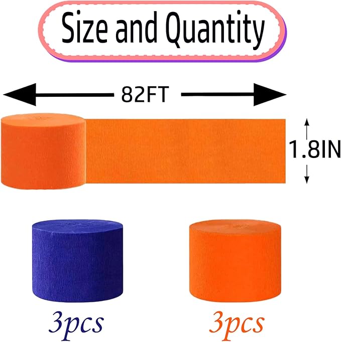 Orange Royal Blue Crepe Paper 6 Pcs Streamers for Party Decorations, Birthday Wedding DIY Crafts, Gift Wrapping Supplies