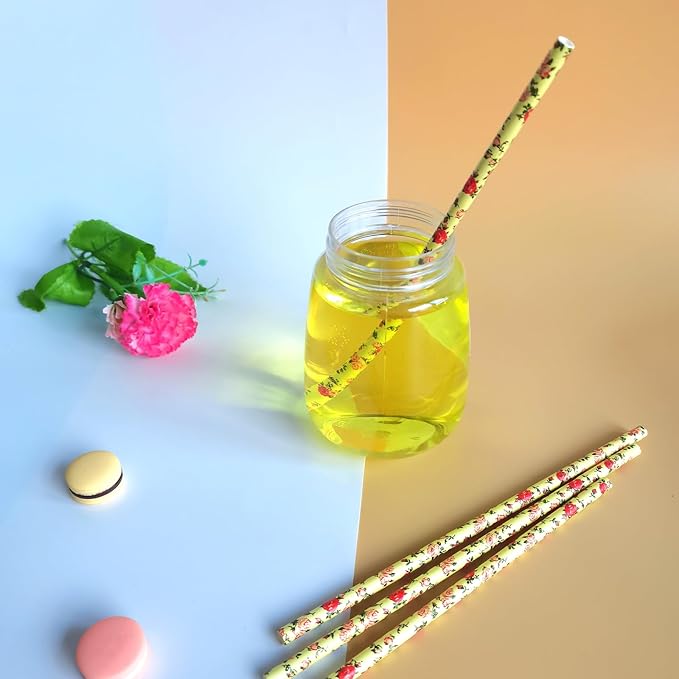 100 pcs Yellow With Red Rose Flower Paper Straws, Wild Floral Juice Beverage Party Drinking Straws, Vintage Retro Garden Tea Wedding Spring Summer Valentine Decor Cake Pop Sticks (Flower H003)