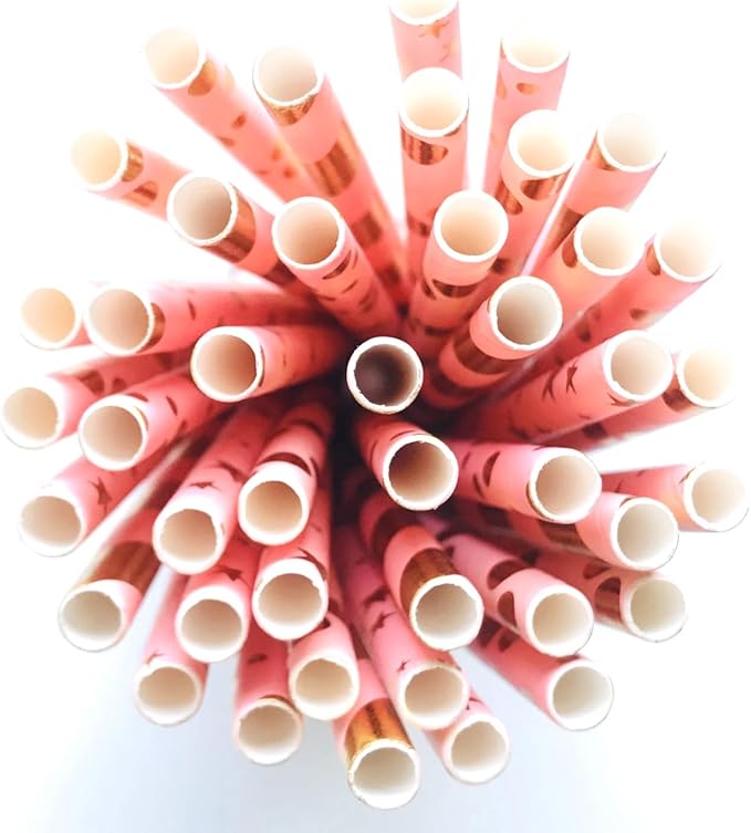 100 pcs Mixed Biodegradable Colorful Party Paper Straws, Metallic Gold Foil Light Pink Stripe Dot Star Drinking Straws, Girl Baby Bridal Shower Birthday Wedding Cake Pop Sticks (Light Pink Gold Foil)