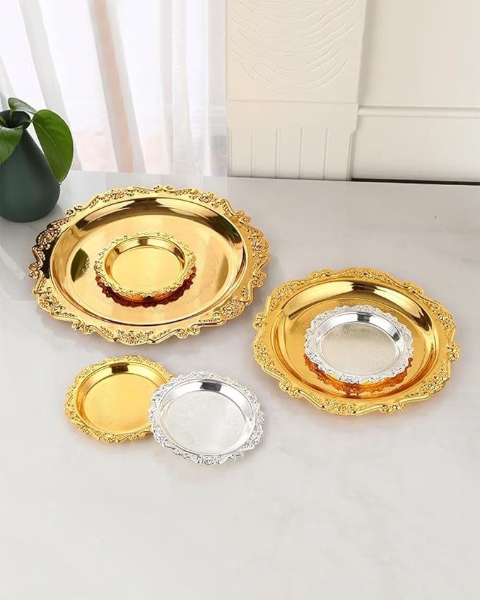Round Decorative Tray 9.8in Metal Dessert Plates Vintage Coffee Table Tray for Snacks Fruit Silver
