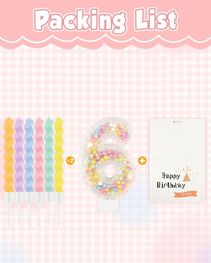 Birthday Candles for Cake, Pink Number Candles, Cake Candles with Greeting Card for Birthday Party Wedding Anniversary Celebrations(6 Candle,White Number Macaron)