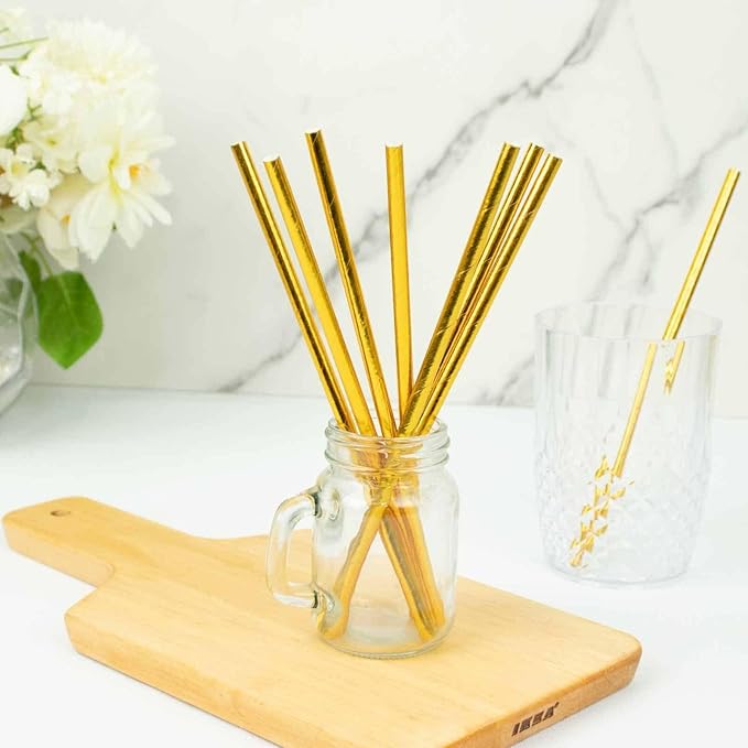 Efavormart 50 Pack 8 Inch Metallic Gold Foil Paper Drinking Straws, Food Grade Biodegradable Disposable Party Straws for Weddings & Events