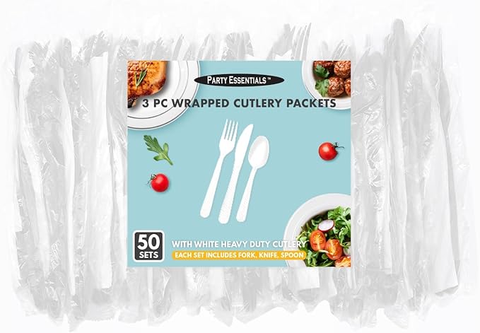 Party Essentials Individually Wrapped Heavy Duty Plastic Utensil Kits, 50 Sets for Party Catering, Fork/Spoon/Knife, White