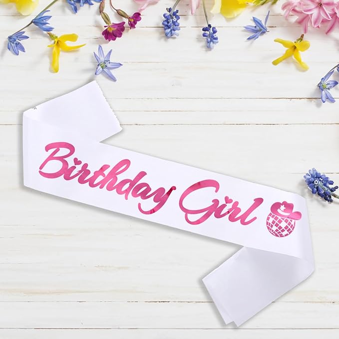 Birthday Girl Sash, Disco Cow Birthday Sash for Cowgirl Funny Birthday Gift Ideas Suppiles, White+ Pink Foil