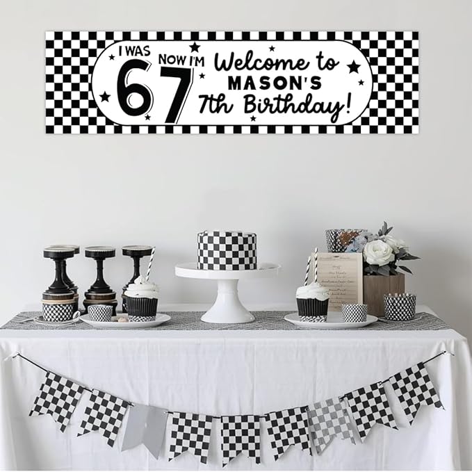 Andaz Press 13x48 Inch Custom 6 7 Birthday Banner Decorations, Personalized Birthday Banner with Custom Name, Black and White Checkered 67 Happy Birthday Party Banner for Boys, Home or Party Décor