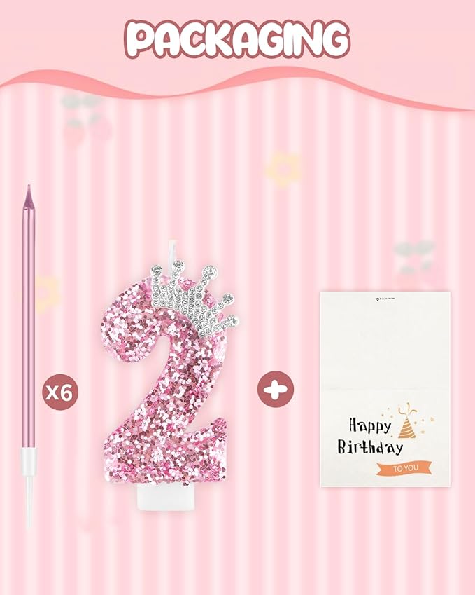 Birthday Candles for Cake, Pink Number Candles, Cake Candles with Greeting Card for Birthday Party Wedding Anniversary Celebrations (2 Candle, Silver Crown)