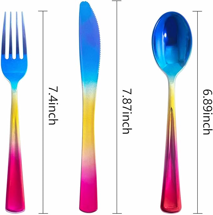 Supernal 120pcs Unique Rainbow Plastic Silverware Set - 3-in-1 Blue Pink Gold Ombre Cutlery (40 Forks, 40 Spoons, 40 Knives) - Heavy Duty Colorful Utensils for Birthday, Unicorn, Trolls Party Decor