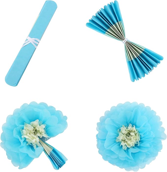 Fonder Mols Tissue Paper Chrysanth Flowers with Butterfly and Olive Leaves for Wedding Baby Shower Nursery Room Parties & Events Decorations Pom Poms (Navy Turquoise White)