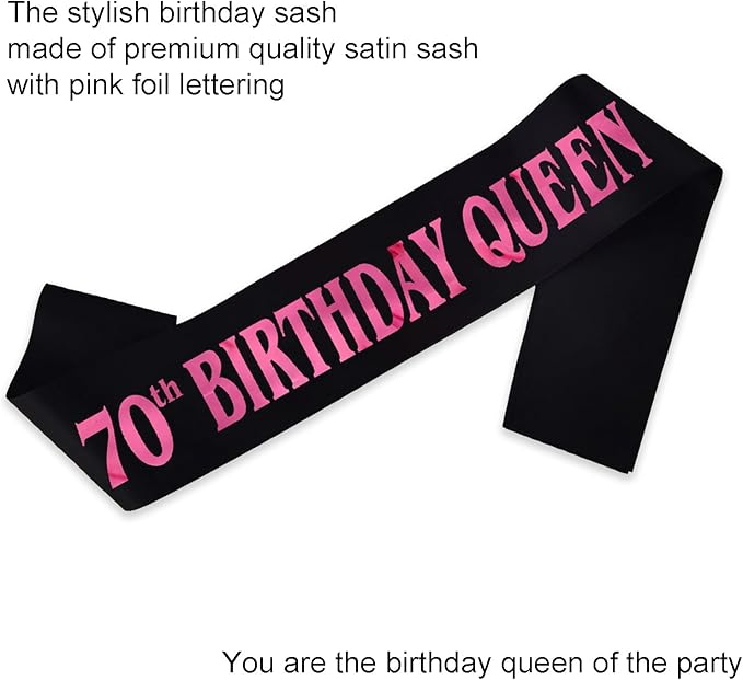 70th Birthday Queen Sash, Pink Foil Black Satin Birthday Sash for Women 70th Fabulous Birthday Party Gift Decorations Favors