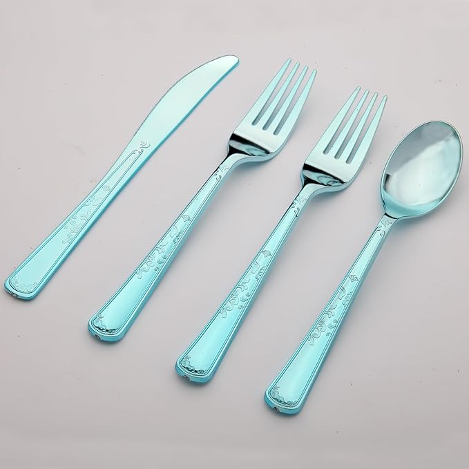 180 Pack Disposable Light Blue Plastic Silverware Contain 60 Forks,60 Spoons,60 Knives, Solid and Durable Plastic Cutlery Utensils Set Perfect for Parties,weddings.
