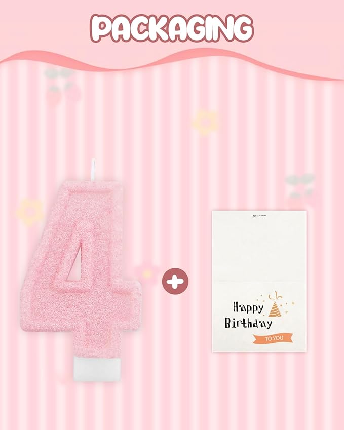 Birthday Candles for Cake, Pink Number Candles, Cake Candles with Greeting Card for Birthday Party Wedding Anniversary Celebrations (Bright Pink 4 Candle)