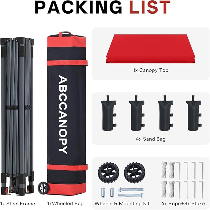 ABCCANOPY Pop Up Canopy - Outdoor Patio Portable Canopy Tent Heavy Duty for Backyard and Deck with 4 Sandbags(Red, 8x8)