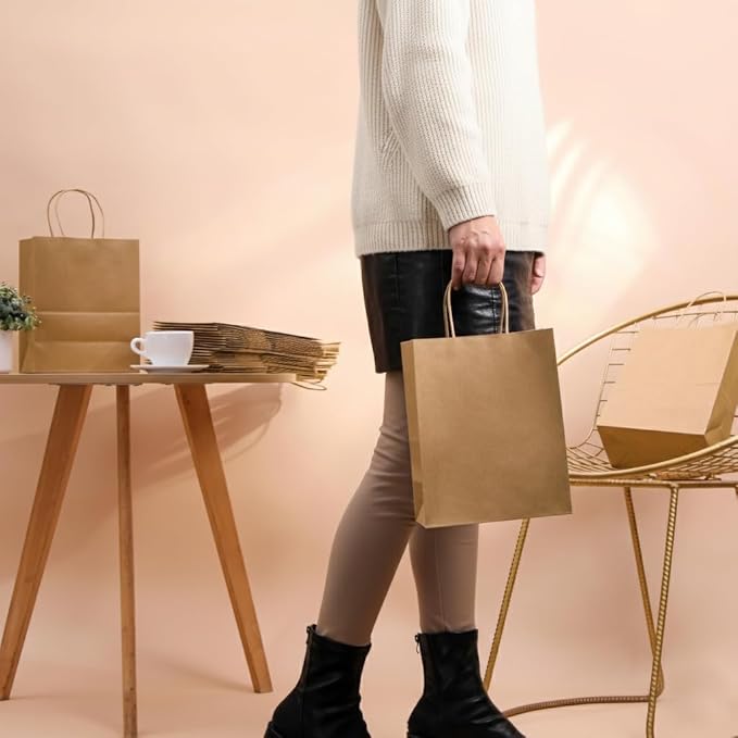 SUNCOLOR Brown Kraft Paper Gift Bags with Twisted Handles, 8x4.5x10 Inch, Medium, 25 Pack, for Shopping, Party Favors, Wedding