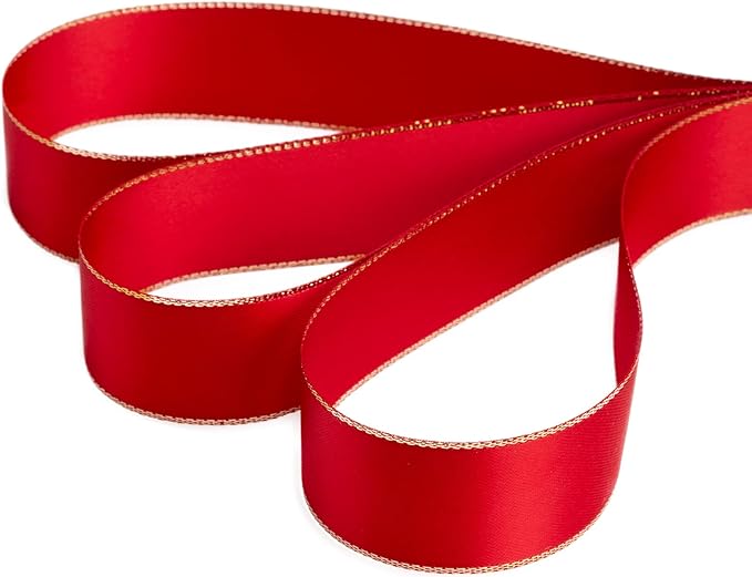 1" Double Face Satin Ribbon with Gold Edge 25 Yards (250-Red), Perfect for Gift Wrapping, Party Decor, Wedding and Craft