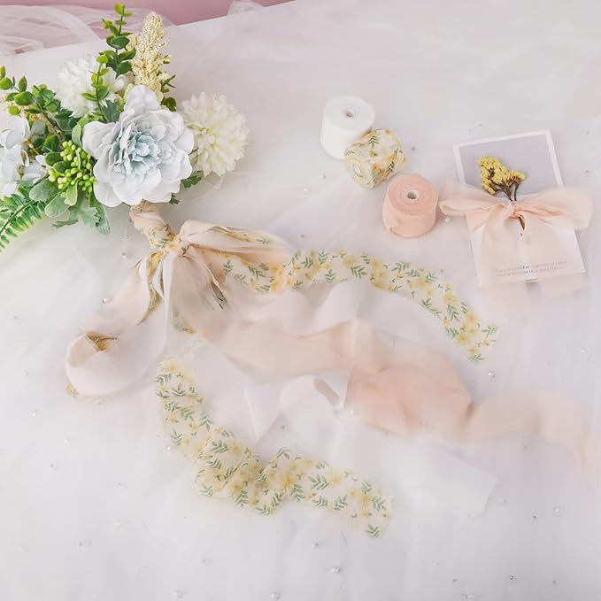 Handmade Fringe Floral Silk Chiffon Ribbons 1.5" x 7 Yards, 3 Rolls 21 Yards Nude Floral Ribbons Set for Wedding Invitations, Bridal Bouquets, Gifts Wrapping, DIY Crafts Decoration