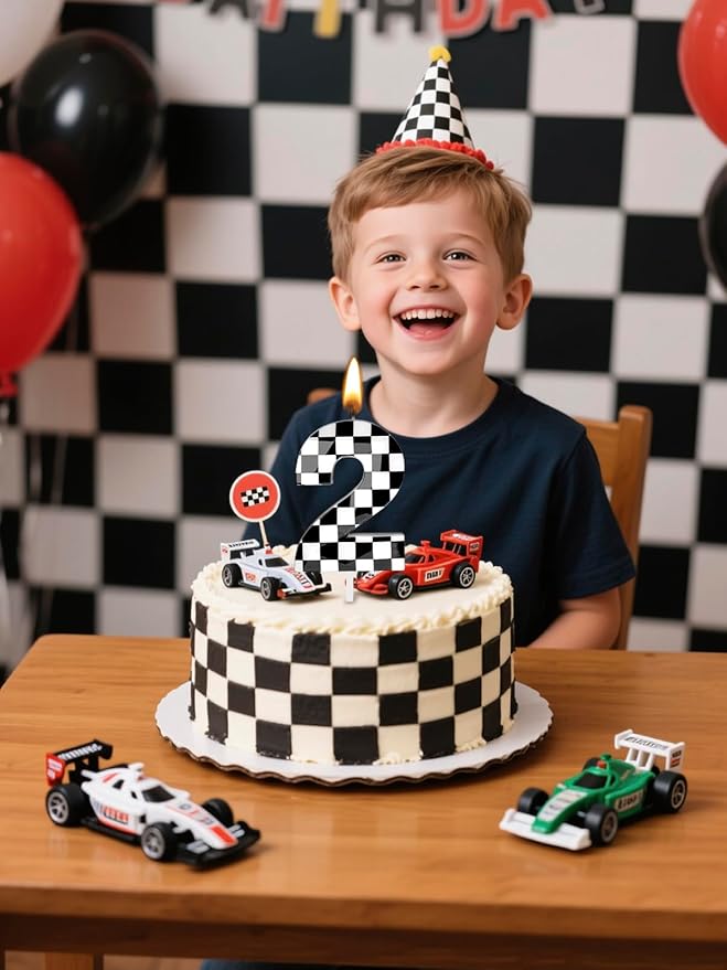 Number 2 Racing Cars Birthday Candles,2.68 Inch Black White Checkered Birthday Number Candles, Cool Racing Themed Number Candles for Boys and Girls, Kids Race Car Themed Party Decorations Supplies