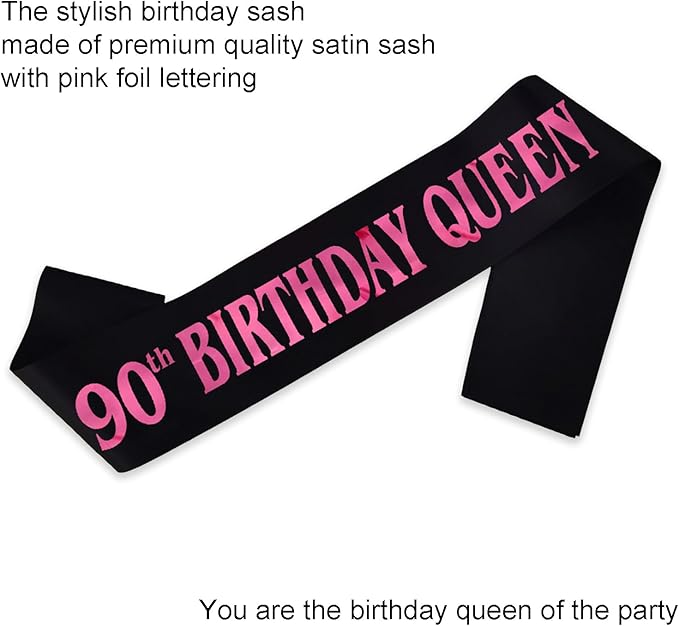 90th Birthday Queen Sash, Pink Foil Black Satin Birthday Sash for Women 90th Fabulous Birthday Party Gift Decorations Favors