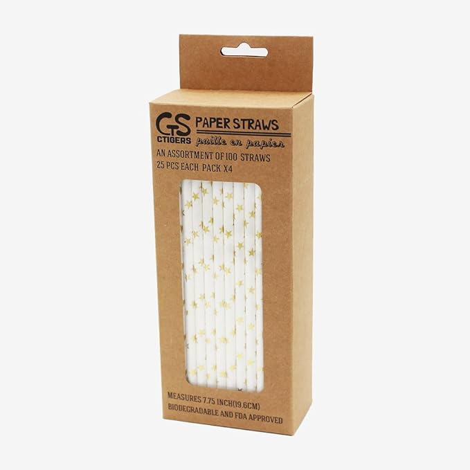Metallic Gold Stars Drinking Paper Straws for Valentine's Day Wedding Party Biodegradable Straw Box of 100