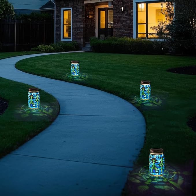 Starsoul Solar Hanging Lanterns Outdoor Waterproof, Mosaic Dragonfly Decor Glass Solar Outdoor Lights, Decorative Solar Lantern for Outside Pathway Patio Porch Yard Decor