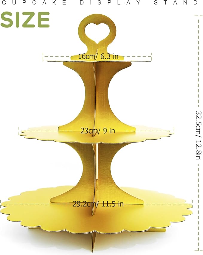 Matte Gold Cupcake Stand, 3-Tier Heart Handle Cardboard Dessert Display Tower, Perfect for Wedding Birthday Party Decorations (2-Pack)