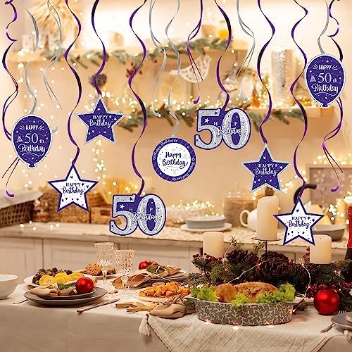 Happy 50th Birthday Purple & Silver Glitter Swirls Streamers Party Decorations - 15 Pcs 50th Birthday Hanging Swirls Streamers Kit,Cheers to Fifty Years Old Bday Party Sign.