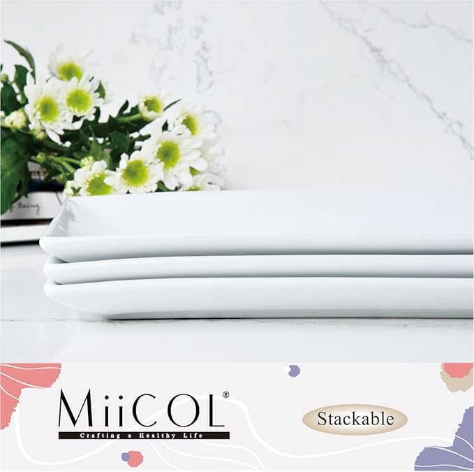 Miicol Porcelain Serving Platters Set of 3, Large Serving Trays 14 Inch, White Rectangle Plates, Ceramic Serving Dishes for Party, Restaurant, Buffet, Steak, Dessert, Salad, Fruit, Microwave Safe