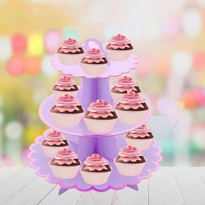 MRPAPA Cardboard Cupcake Stands, Set of 2 Tiered Dessert Trays - 3 Tier Paper Cupcake Tower Holder for 24 Cupcakes, Perfect for Girls' Birthday and Baby Shower Parties (Purple and Gold)