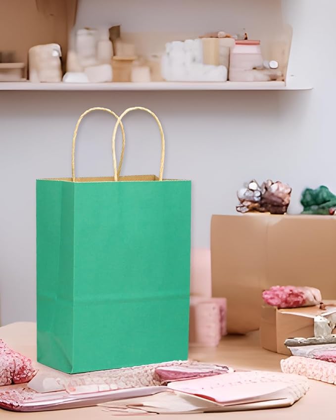 qiqee 100-Packs Mint Green Paper Gift Bags with Handles Bulk 8.26"×6"×3.15" Small Size Gift Bags Multiple Uses