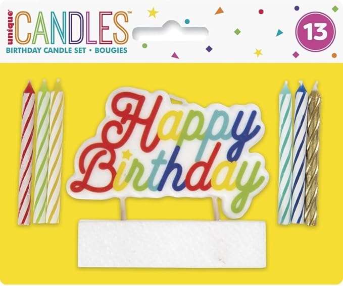 Vibrant Multi-Colored Birthday Candle Set with Large "Happy Birthday" Pick - (Pack of 13) - Premium Quality & Eye-Catching Design - Great for All Ages & Celebrations