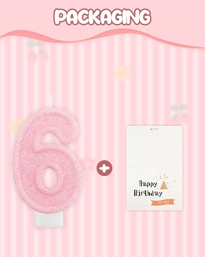 Birthday Candles for Cake, Pink Number Candles, Cake Candles with Greeting Card for Birthday Party Wedding Anniversary Celebrations (Bright Pink 6 Candle)