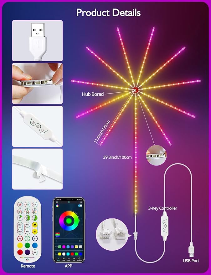 Daymeet Smart Firework Led Lights Indoor, Led Fireworks Lights Music/Mic Sync with Firework Launch Effect Remote & APP Control, RGB Color Changing Led Strip Lights for Room New Year Party Decor