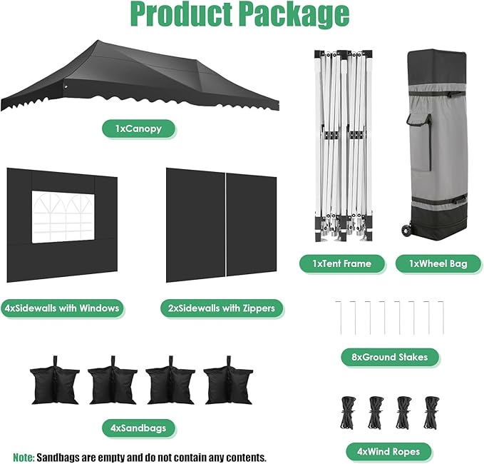 HOTEEL 10x20 Pop up Canopy Tent with 6 Removable Sidewalls, Wave Hem Roof 10x20 Canopy with Wheel Bag and 4 Sandbag, Commercial Pop up Tent Waterproof Sunshade for Market Wedding Party Stall (Black)