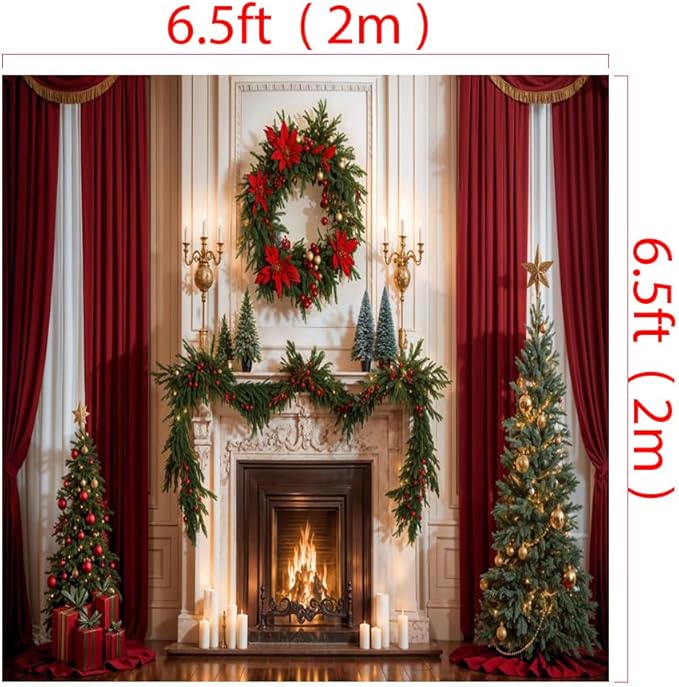 Kate 6.5x6.5ft/2x2m Christmas Backdrop Fireplace Xmas Tree Wreath Interior Decoration Photo Background Photography Studio Props