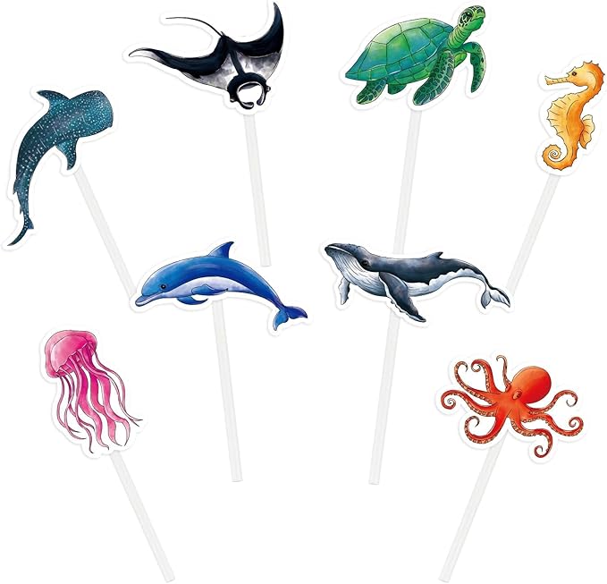 WERNNSAI 32 PCS Ocean Cupcake Toppers - Shark Birthday Party Decorations Under The Sea Cake Toppers Summer Dolphin Ocean Animal Cake Decors for Kids Ocean Baby Shower Party Supplies