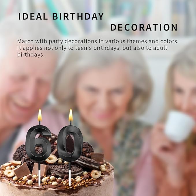 60th Birthday Candles Black 60th Birthday Cake Topper Happy Birthday Decorations Number 60 Candles for Cake Birthday Decorations for Him Her