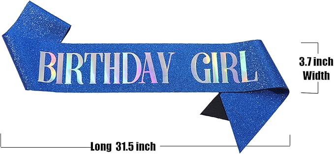 MGJSRNH 'Birthday Girl' Sash with Silver Iridescence Foil - Glitter Satin Blue Sashs for Women's Happy Birthday Celebrations