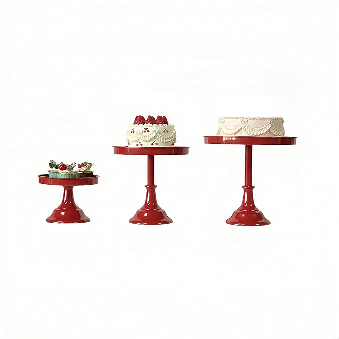 3 Pcs Metal Round Cake Stand Set 8“10”12" Cake Display Stand Dessert Cupcake Display Tray for Graduation,Wedding,Birthday,Party,Baby Shower,Anniversary,Ceremony,Christmas (Red)