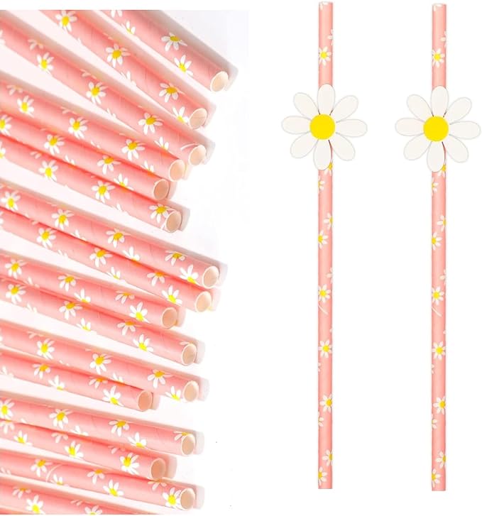 Disposable Daisy Paper Straws - Floral Straws for Kids Birthday Party Supplies Daisy Decorations Bridal Shower, Daisy Baby Shower, Wedding Party, Engagement, Birthday Party 20Pcs(Pink)