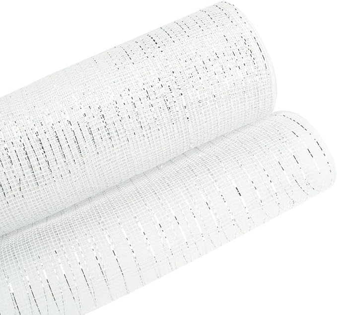 3 Rolls White Deco Mesh Ribbon for Wreath Making Supplies, 10 Inch x 30FT Metallic Foil Burlap Deco Mesh Fabric for Easter Christmas Tree New Year Wedding Wreath Swags and Decorating
