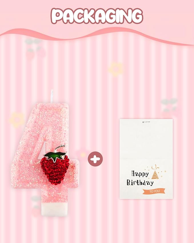 Birthday Candles for Cake, Pink Number Candles, Cake Candles with Greeting Card for Birthday Party Wedding Anniversary Celebrations (Strawberry 4 Candle)