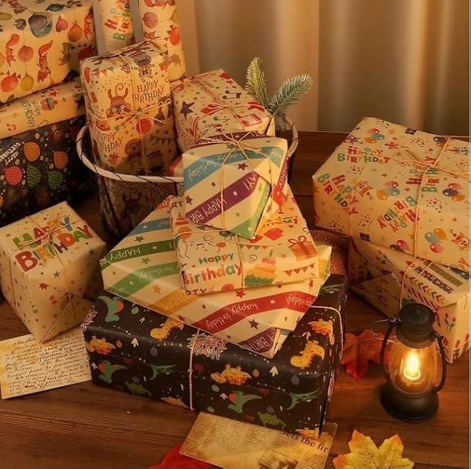 Kraft Birthday Wrapping Paper Roll Set of 15 with Twine and Tape, Gift Wrap for Happy Birthday Present (Brown)