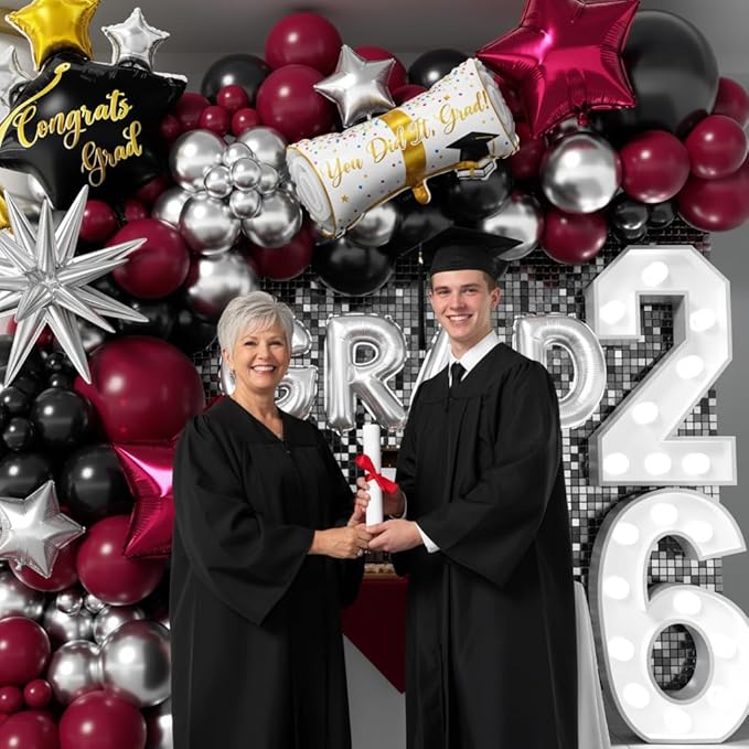 Graduation Balloons Garland Kit 153Pcs, Maroon Black Silver Balloon Arch Kit with GRAD Letters Grad Cap Diploma Balloon Burgundy Balloons Arch for Class of 2026 Graduation Birthday Party Decor