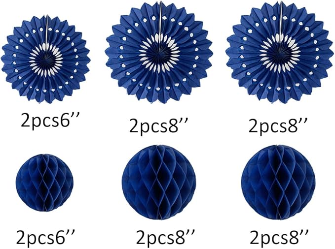 12pcs 6’’ 8’’ Honeycomb Balls Tissue Paper Fans Party Honeycomb Ball Fans Wall Tissue Pom Poms Flower Balls Hanging Paper Fans For Party Baby Shower Birthday Wedding Nursery Wall Decor(royal blue kit)