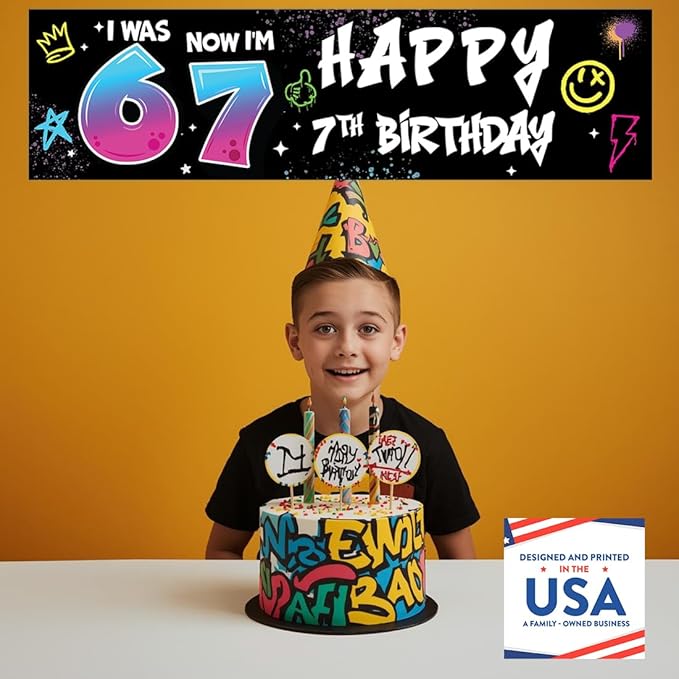 Andaz Press 13x48 Inch 6 7 Birthday Banner Decorations, I Was 6 Now I'm 7 Birthday Banner Graffiti 67 Happy Birthday Party Banner for Boys or Girls, Home or Party Decor Backdrop Sign with Adhesive