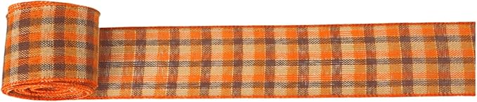 Meseey 2.5 Inch & 1.5 Inch Total 20 Yards Orange Brown Plaid Wired Ribbon, Fall Buffalo Plaid Wired Edge Ribbon for Big Bows, Wreaths, Gift Wrapping, Thanksgiving & Halloween Decor(Brown/Orange)